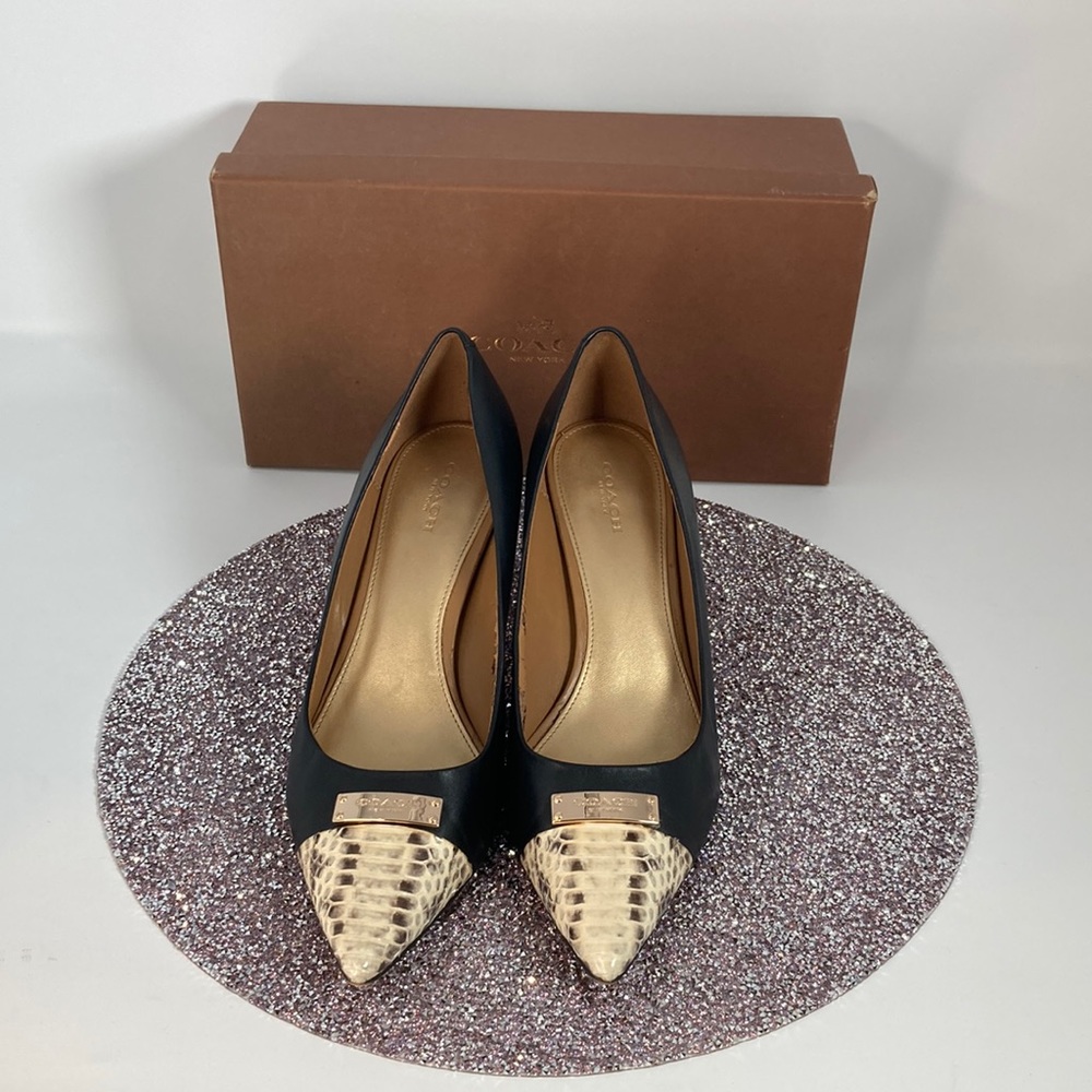 Pre-loved Coach low heel black pumps w/ snake pointed toe